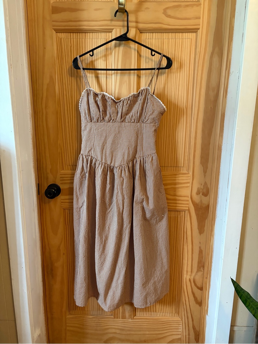 Smocked Bodice Gingham Midi Dress in Beige
